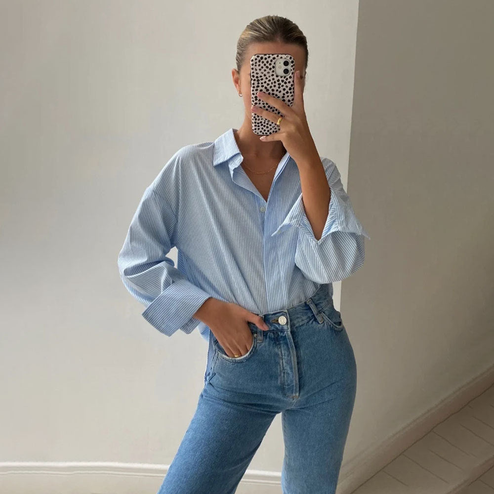 Cross-border striped shirt European and American summer new simple high-end hidden button long-sleeved striped cardigan