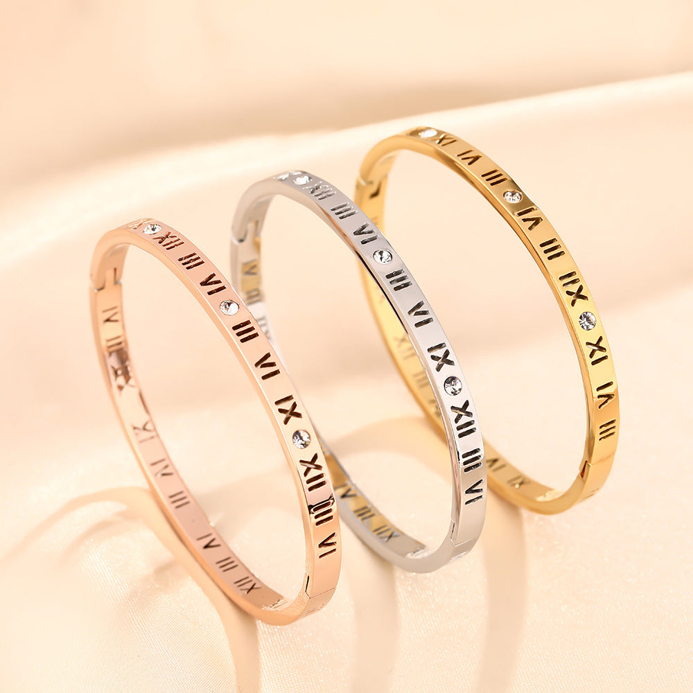 Douyin popular niche design titanium steel bracelet female Roman digital diamond-encrusted light luxury high-end non-fading bracelet jewelry