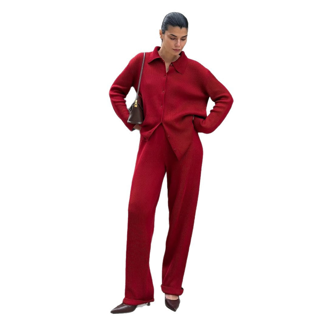 Lapel long-sleeved knitted set, European, American autumn and winter new temperament loose commuting pit strip sweater set suits