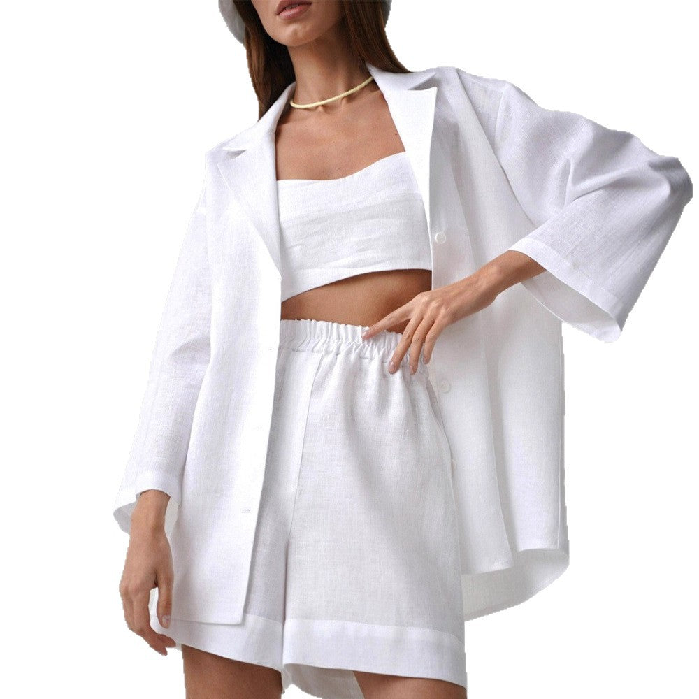 Pure cotton shorts set for women's European and American summer lapel loose single-breasted shirt + high-waisted straight-leg pants two-piece set suits