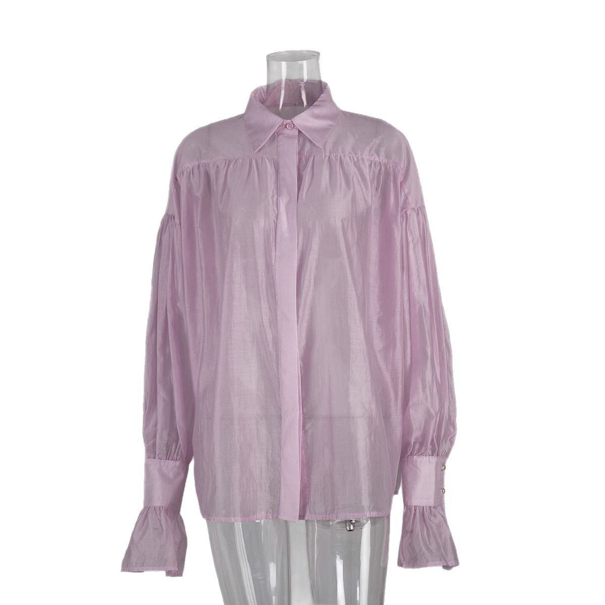 French style satin light and thin shirt European and American new high-end women's lantern long-sleeved casual top t-shirts