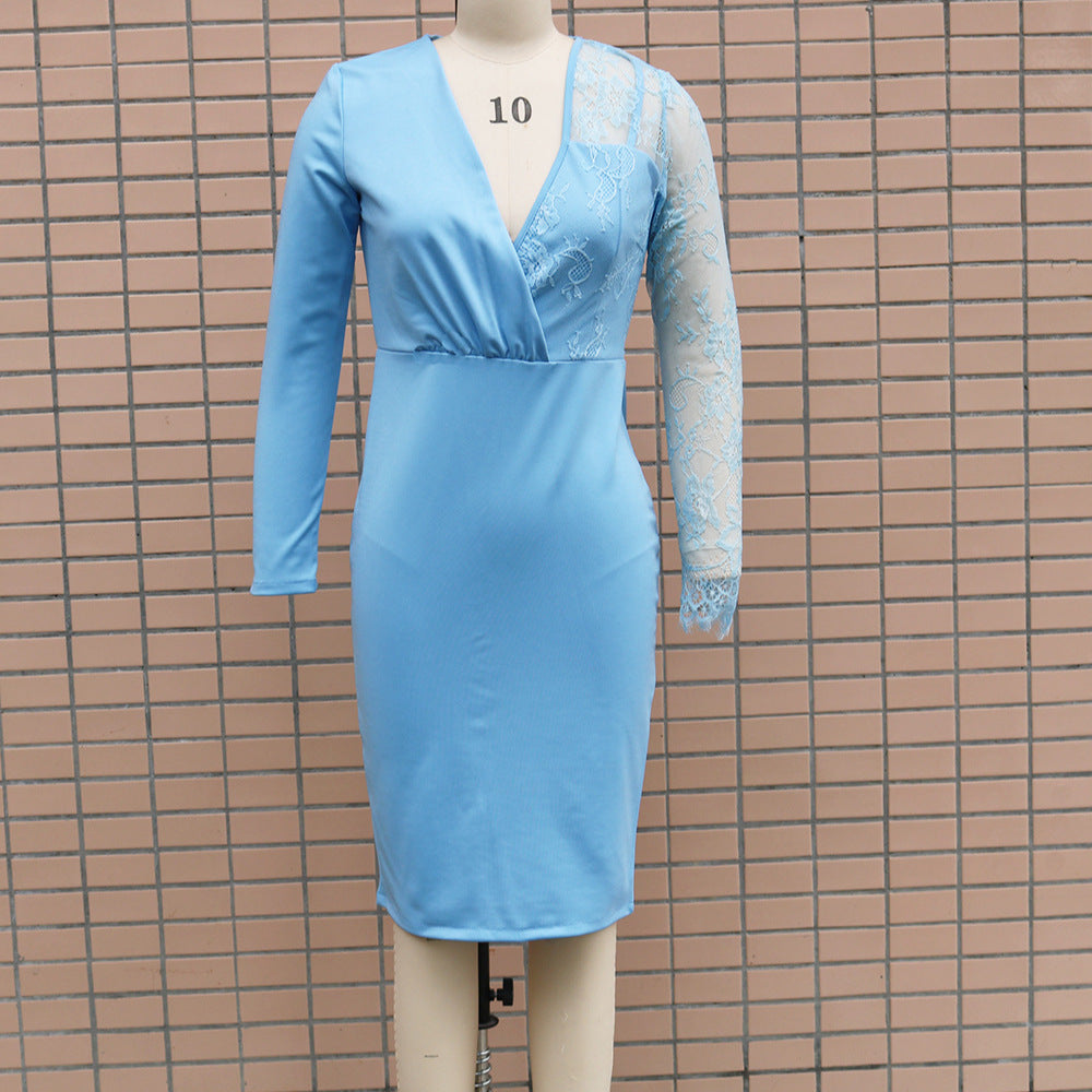 Foreign trade European and American women's clothing new lace splicing slim-fitting hip-wrapped dress in stock suits