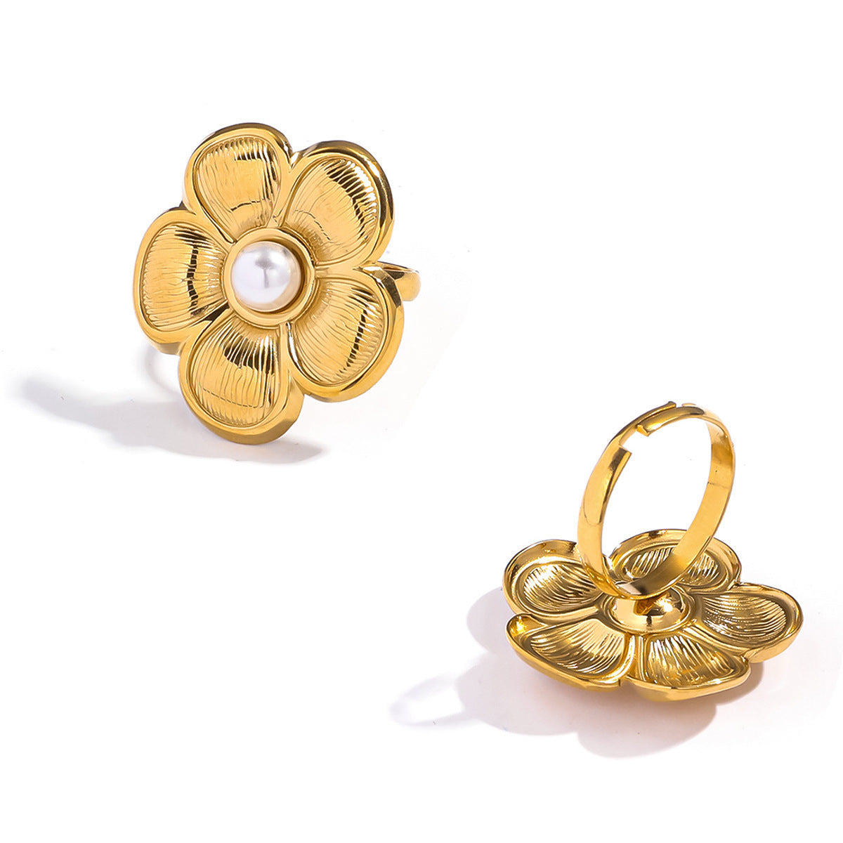 Malt stainless steel flower pearl ring exaggerated high-end ins ring titanium steel non-fading hand jewelry rings