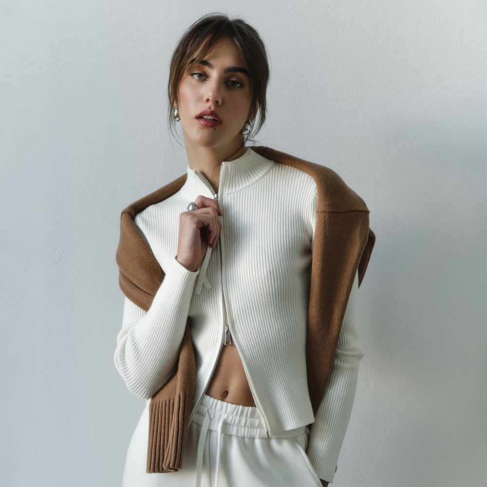Stand-up collar slim-fitting long-sleeved jacket European, American autumn and winter new double zipper cardigan warm knitted jacket women sweater