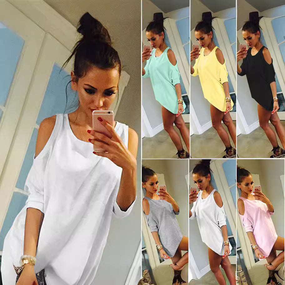 Autumn hot sale AliExpress solid color multi-color fashion simple European and American off-the-shoulder women's top T-shirts