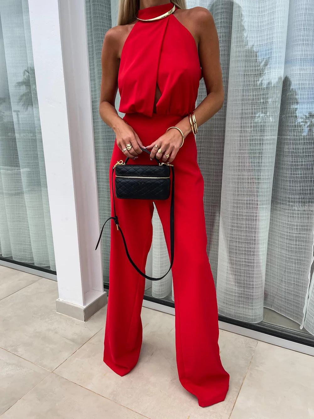 cross-border summer European and American women's clothing ins new fashionable semi-turtleneck sleeveless slim jumpsuit suits
