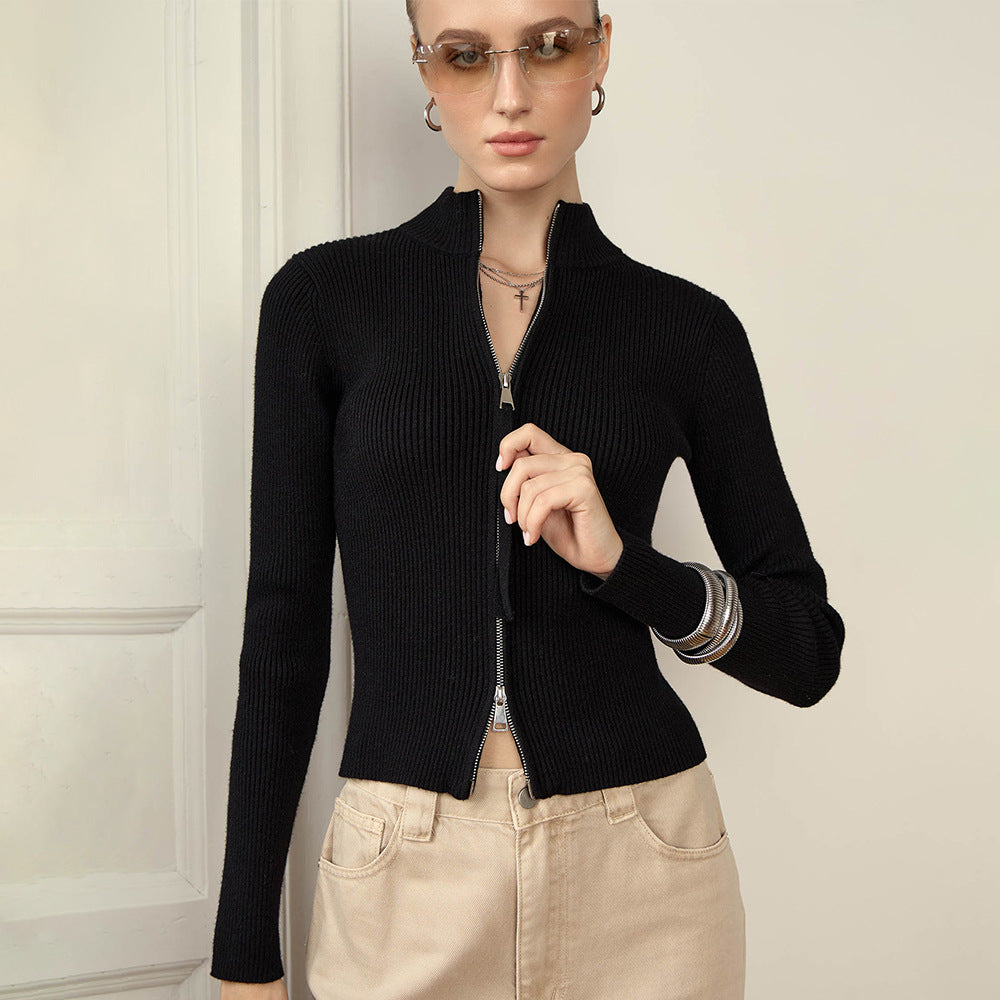 Stand-up collar slim-fitting long-sleeved jacket European, American autumn and winter new double zipper cardigan warm knitted jacket women sweater
