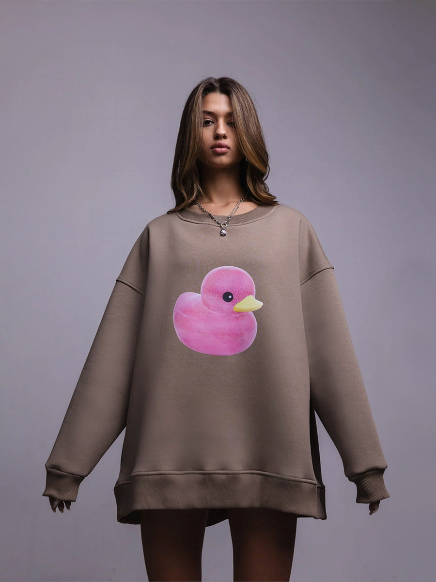 Cross-border duck crew neck sweater women's European and American autumn new women's simple casual loose crew neck printed sweater