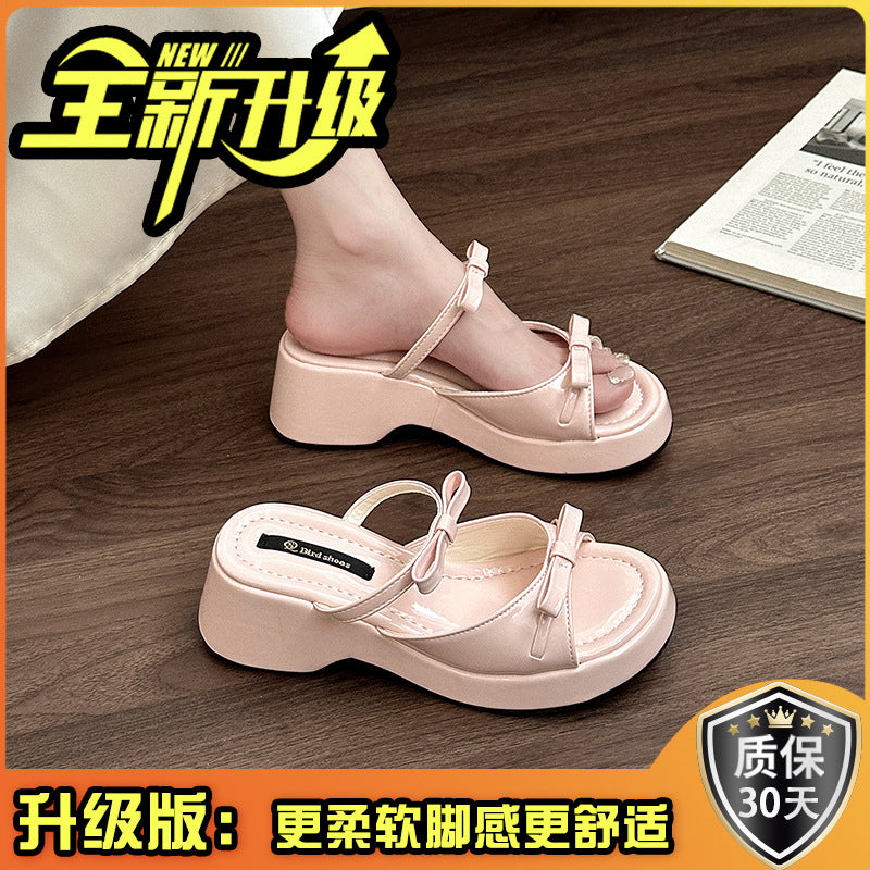 Fashion word with wedge sandals women's summer thick heel with skirt French bow wear high heel cool slippers
