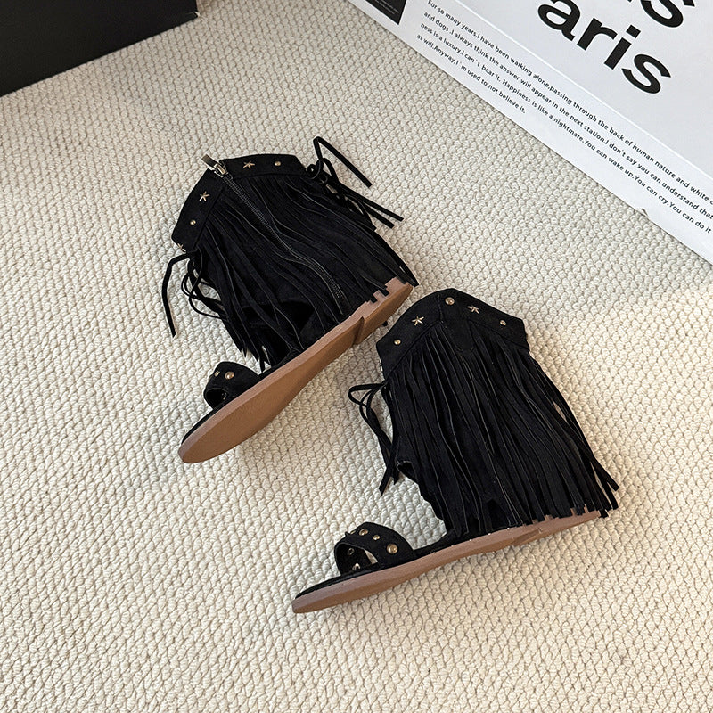 Fashion retro rivet fringed open-toed sandals women's summer new niche design versatile Roman cool boot shoes tide