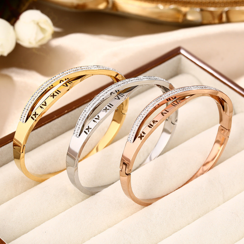 Europe and the United States cross-border e-commerce explosion Roman digital diamond-encrusted titanium steel bracelet women's high-end sense of non-fading hand jewelry wholesale