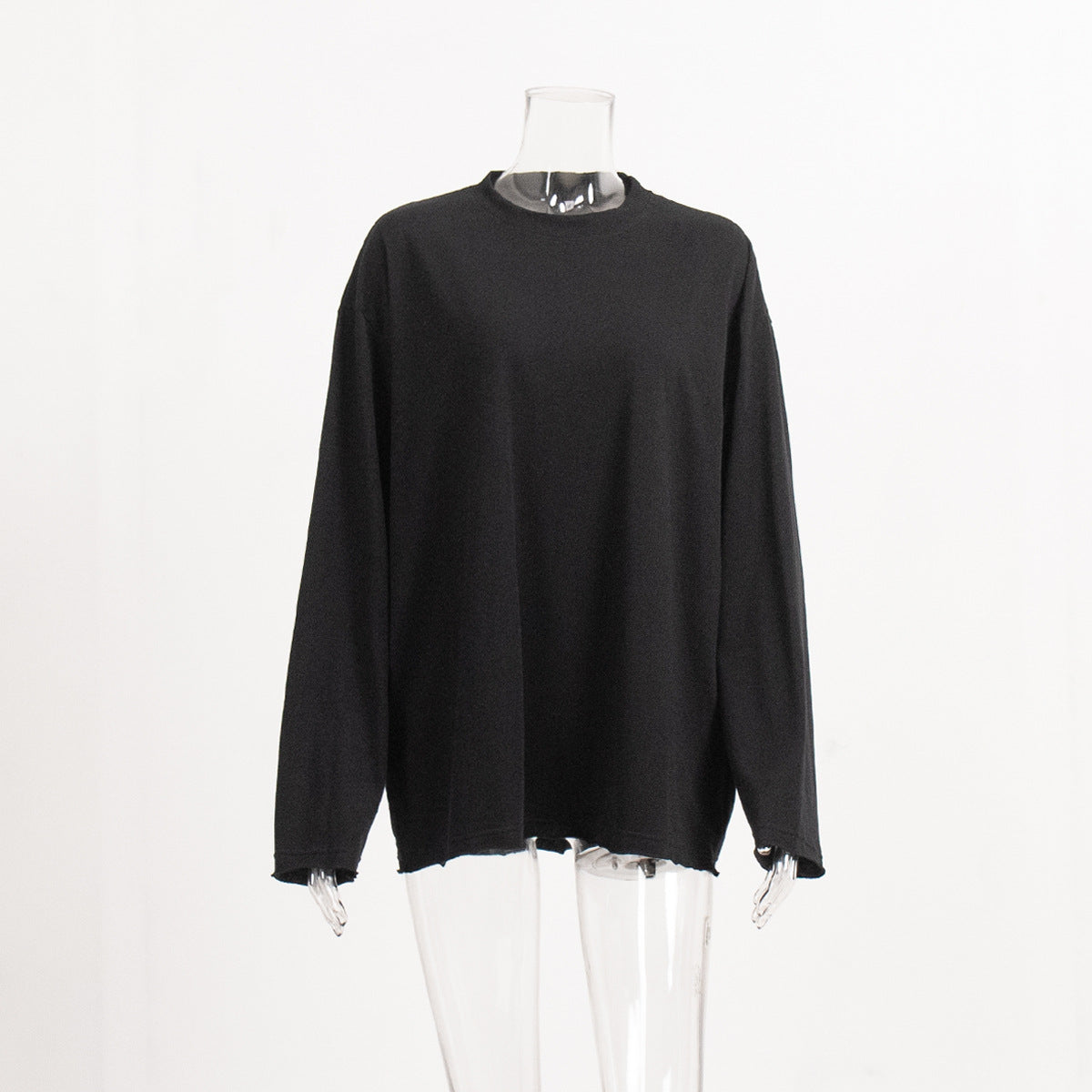Pure cotton T-shirt women's European and American cross-border spring new loose solid color Oversize round neck long-sleeved t-shirts