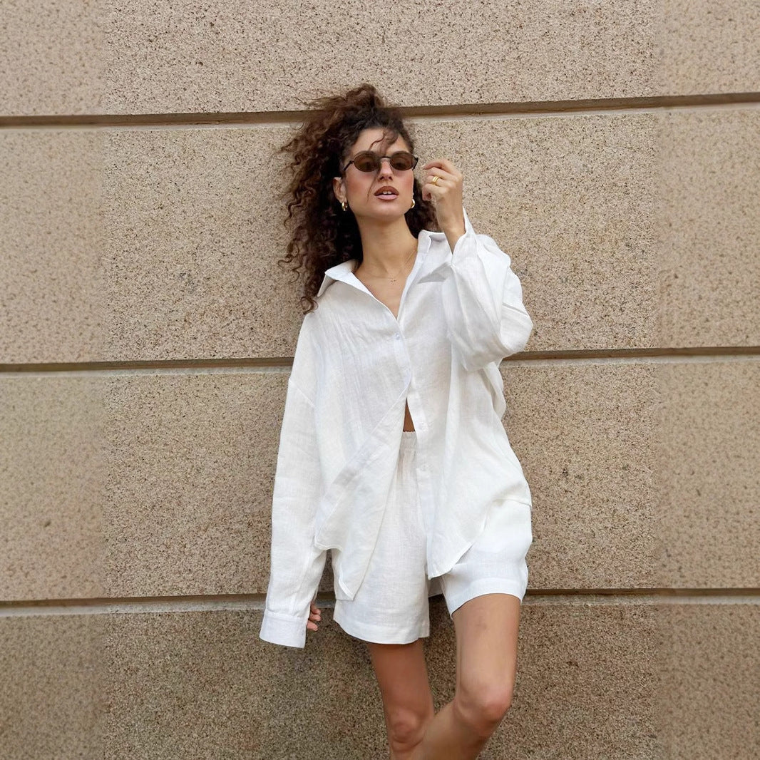 Pure cotton cardigan long-sleeved shorts set spring and summer outer wear simple solid color European and American style casual suits women