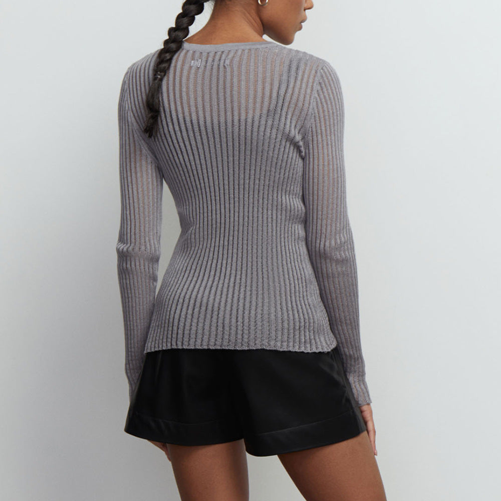 Hollow knitted sweater European, American spring and summer sexy slim-fitting wool round neck long-sleeved thin pit strip knitted sweater