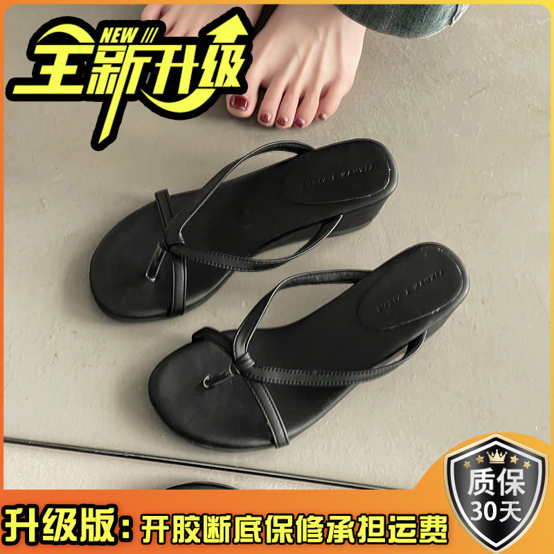 Thick-bottomed small flip-flops summer French gentle temperament fairy suede toe slope heel cool slippers