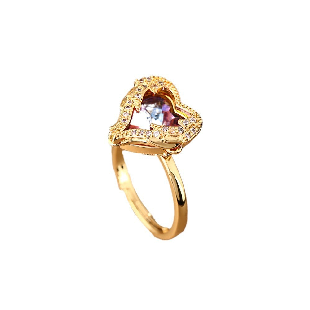 Hot Sale in Japan and South Korea Colorful Colorful Love Zircon Ring Women's Fashion Versatile Color Changing Peach Heart Rings Jewelry