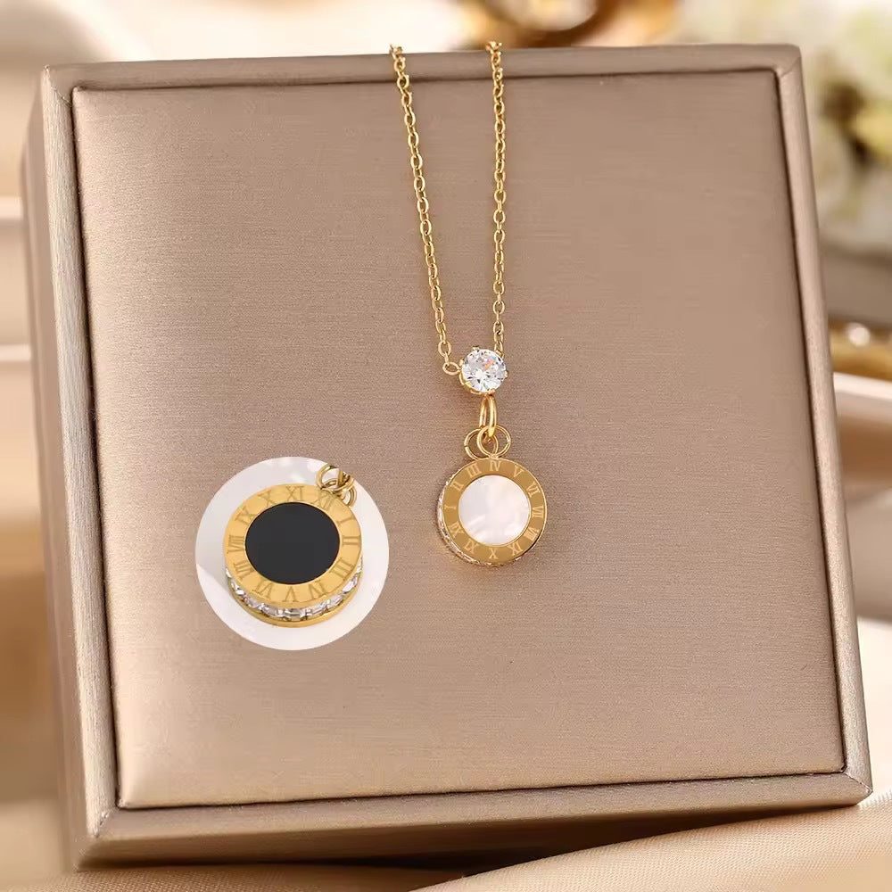 Hot-selling new titanium steel necklace women's black and white shell double-sided Roman pendant personalized light luxury trendy collarbone chain jewelry