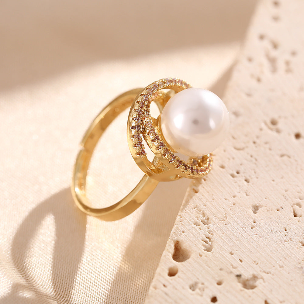 Korean version of light luxury premium pearl rings niche versatile exquisite zircon opening adjustable ring Internet celebrity jewelry