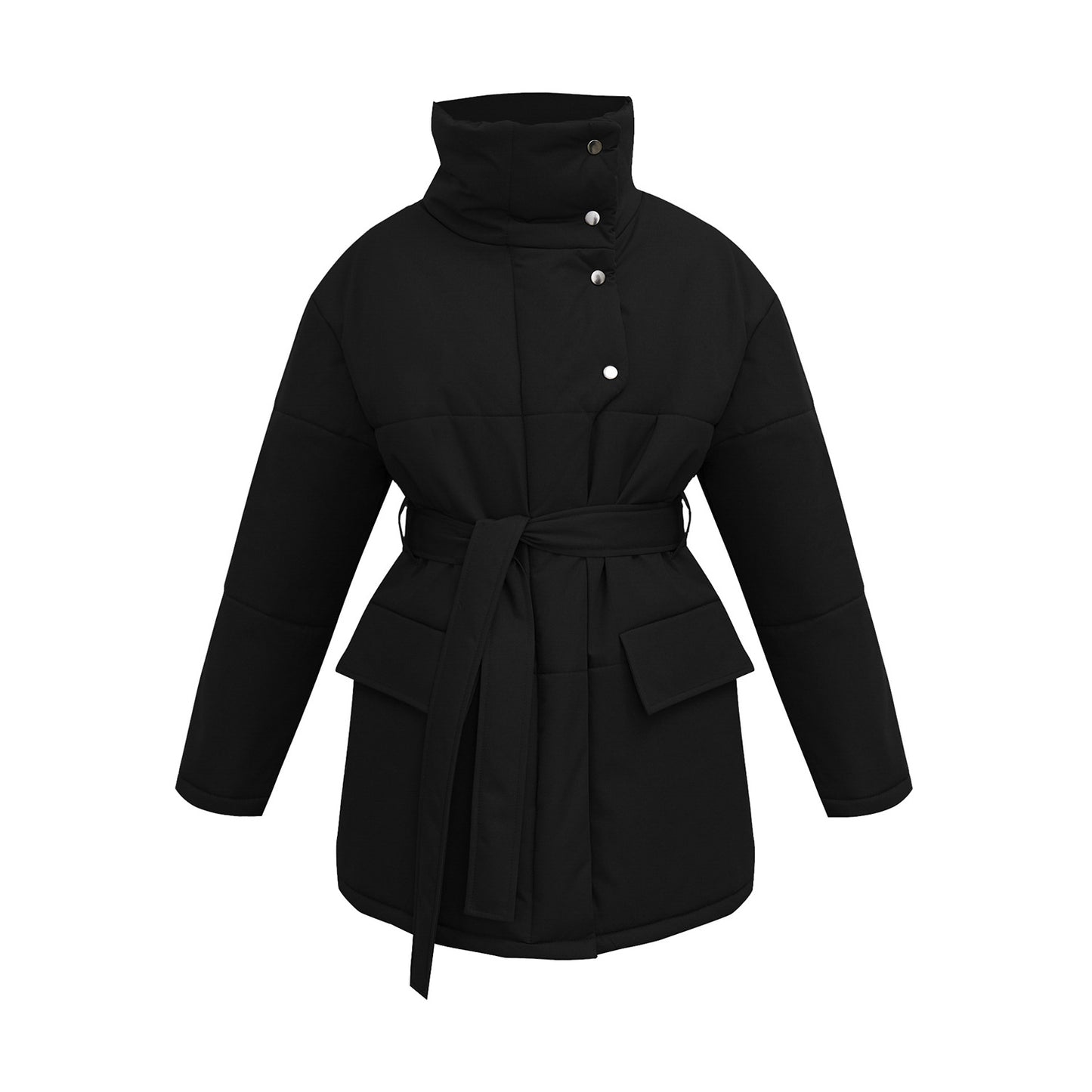 Stand-up collar cotton jacket European, American autumn and winter new temperament belt irregular medium and long cotton jackets