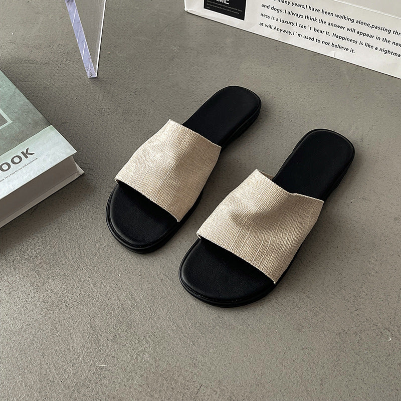 Retro Mori sandals one-word slippers women's summer new wear soft-soled beach vacation wind flat sandals