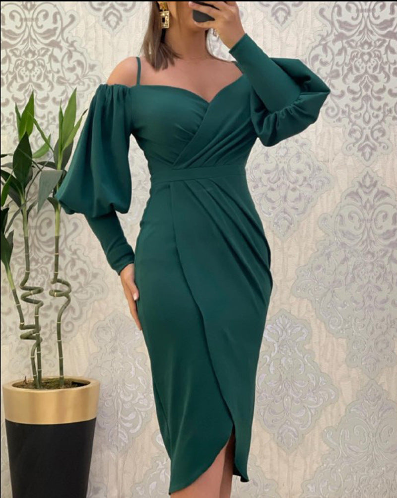 European and American cross-border new suspender one-word neck lantern long-sleeved waist pleated dress