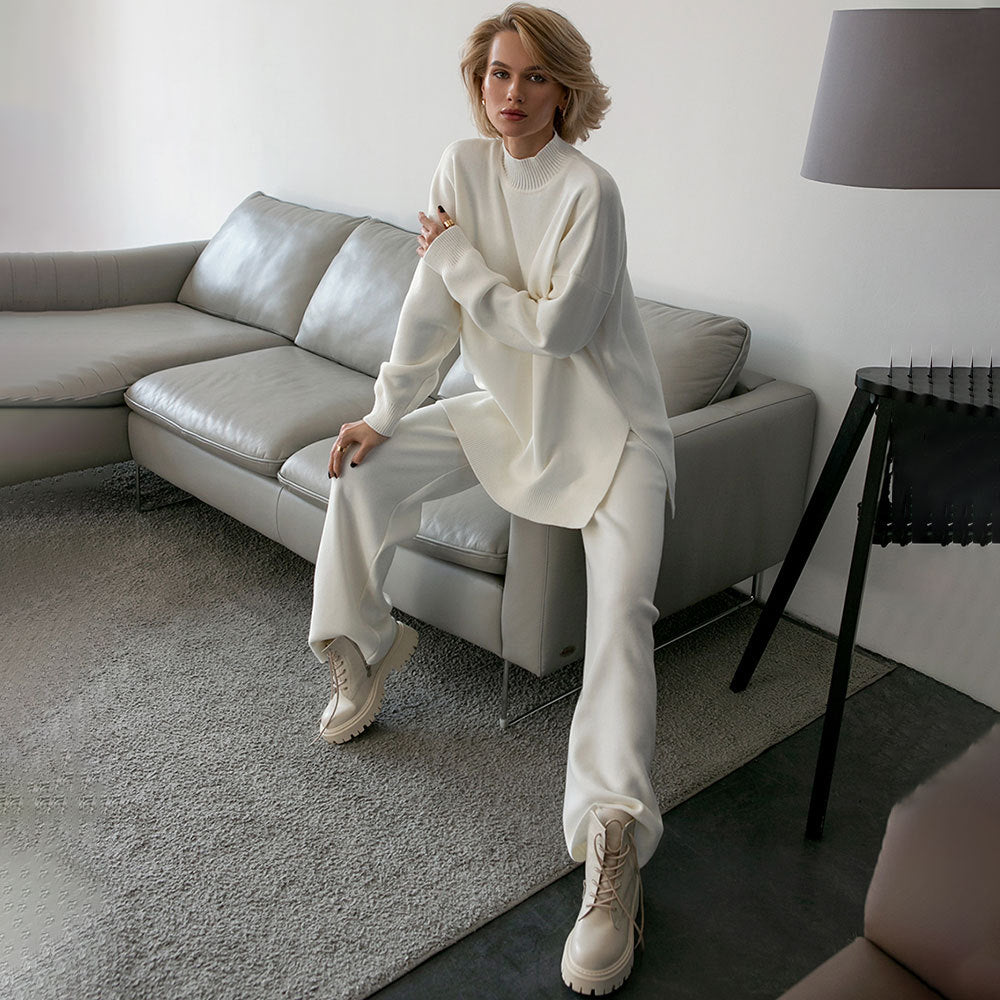 Solid color knitted turtleneck slit sweater set women's clothing European, American autumn and winter fashion casual lazy sweater set suits