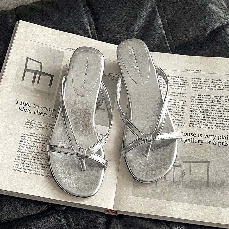 Thick-bottomed small flip-flops summer French gentle temperament fairy suede toe slope heel cool slippers