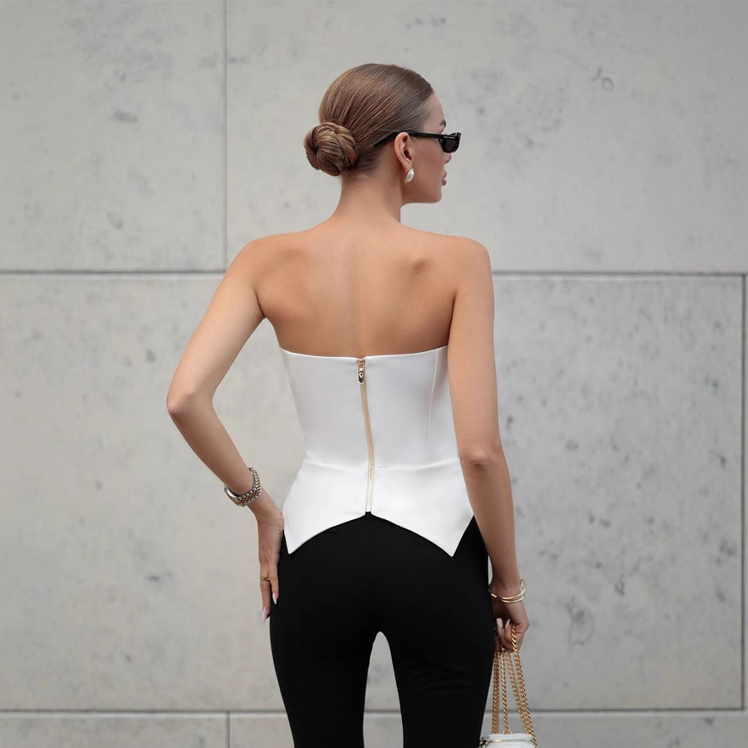 White tube top, European and American summer new metal buckle sleeveless top, sexy slim tube top woman t-shirts