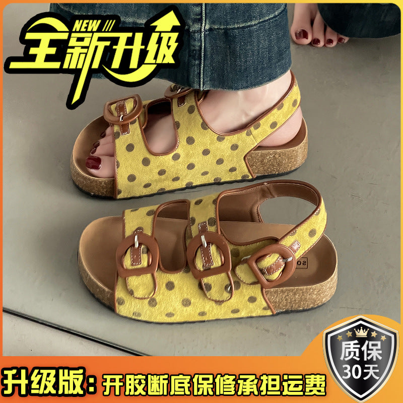 Polka dot platform Birkenstocks women's new summer versatile and comfortable women wearing sandals with one foot and half drags slippers