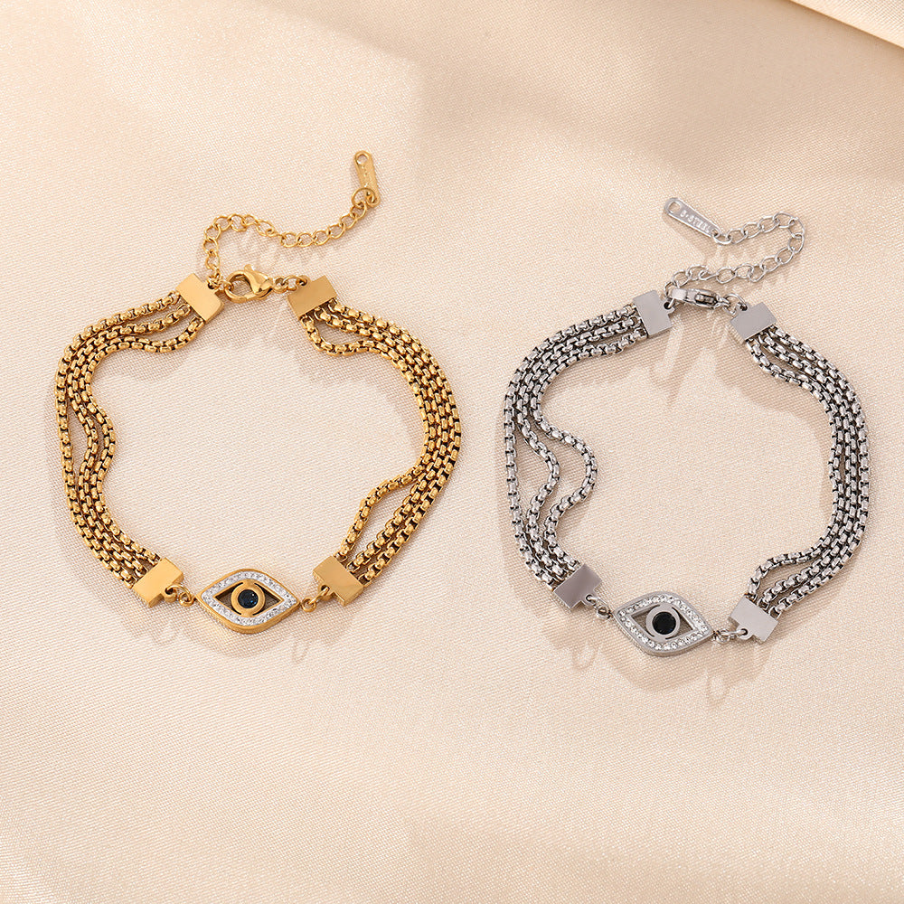 European and American temperament three-layer chain bracelet geometric eye pattern diamond-encrusted wide bracelet titanium steel color-retaining electroplating jewelry