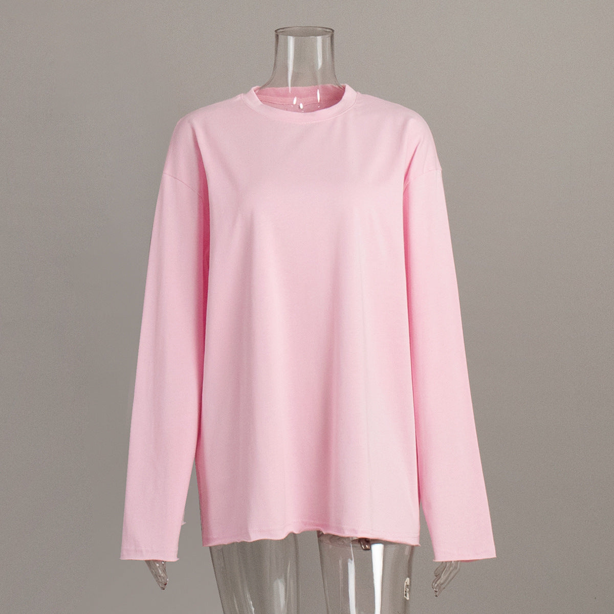 Pure cotton T-shirt women's European and American cross-border spring new loose solid color Oversize round neck long-sleeved t-shirts