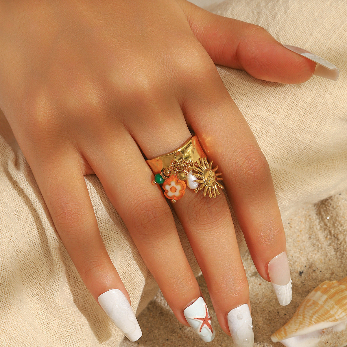 Malt European and American Stainless Steel Holiday Wind Opening Ring Conch Starfish Shell Pearl Blossom Cherry Rings Hand Jewelry