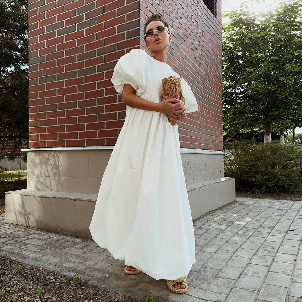 Pure cotton round neck bubble sleeve dress European and American spring and summer new solid color loose casual dress women