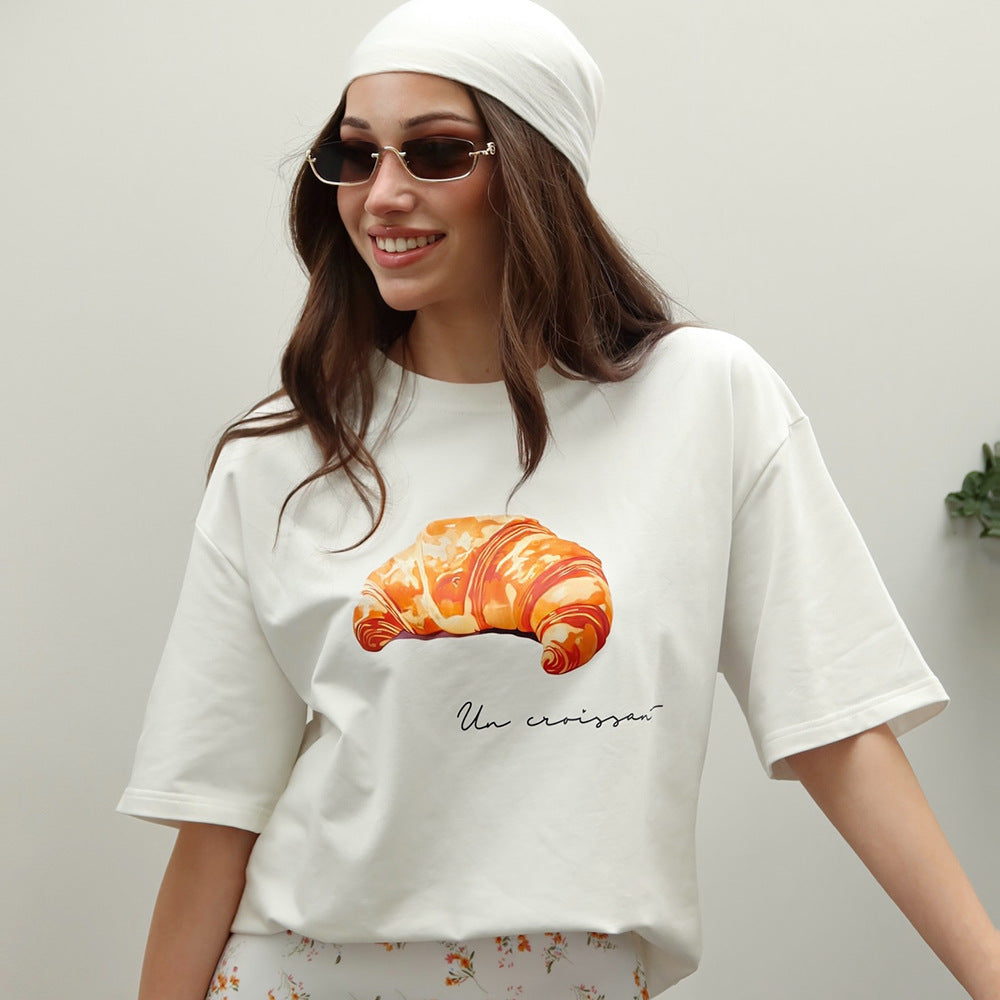 Cross-border cotton short-sleeved T-shirt women's European and American summer croissant printed top loose short-sleeved t-shirt women's