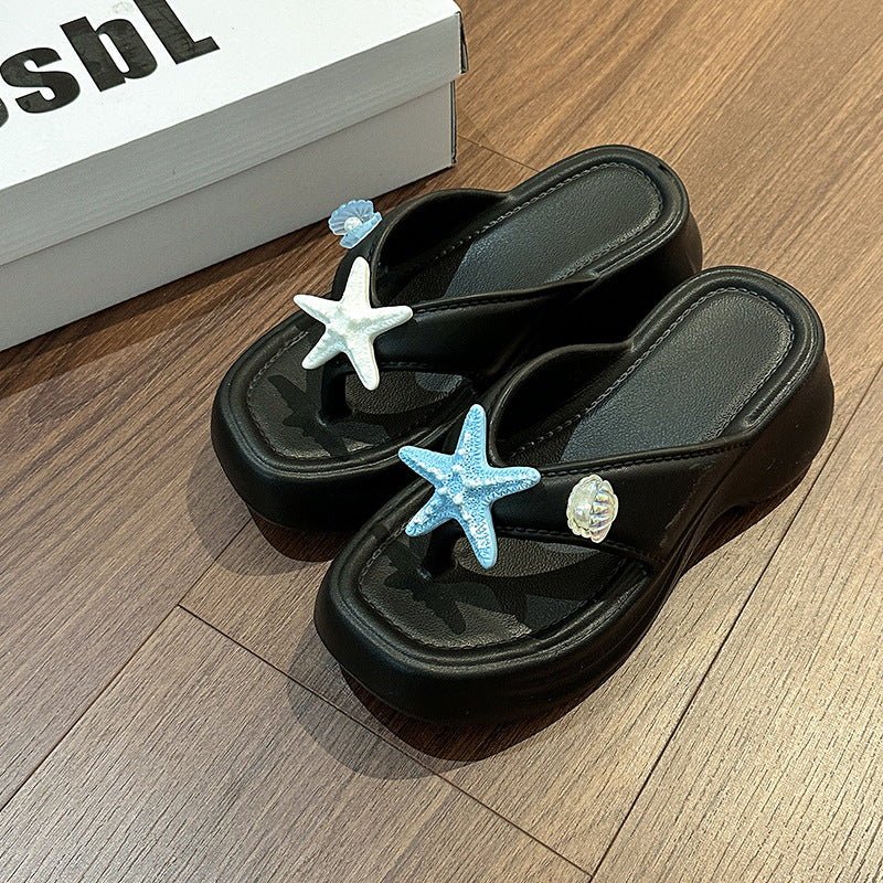 Star flip-flops women's outer wear summer new thick-bottomed sweet heightening muffin and seaside beach cool slippers