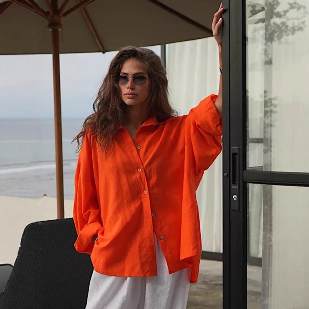 Casual shirt European and American spring and summer fashion versatile lazy fashion casual solid color simple loose shirt t-shirts