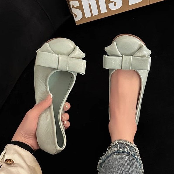 48 hours delivery, new Korean version of gentle temperament, round head, shallow mouth bow, versatile four-season single beanie shoes, flat women's shoes