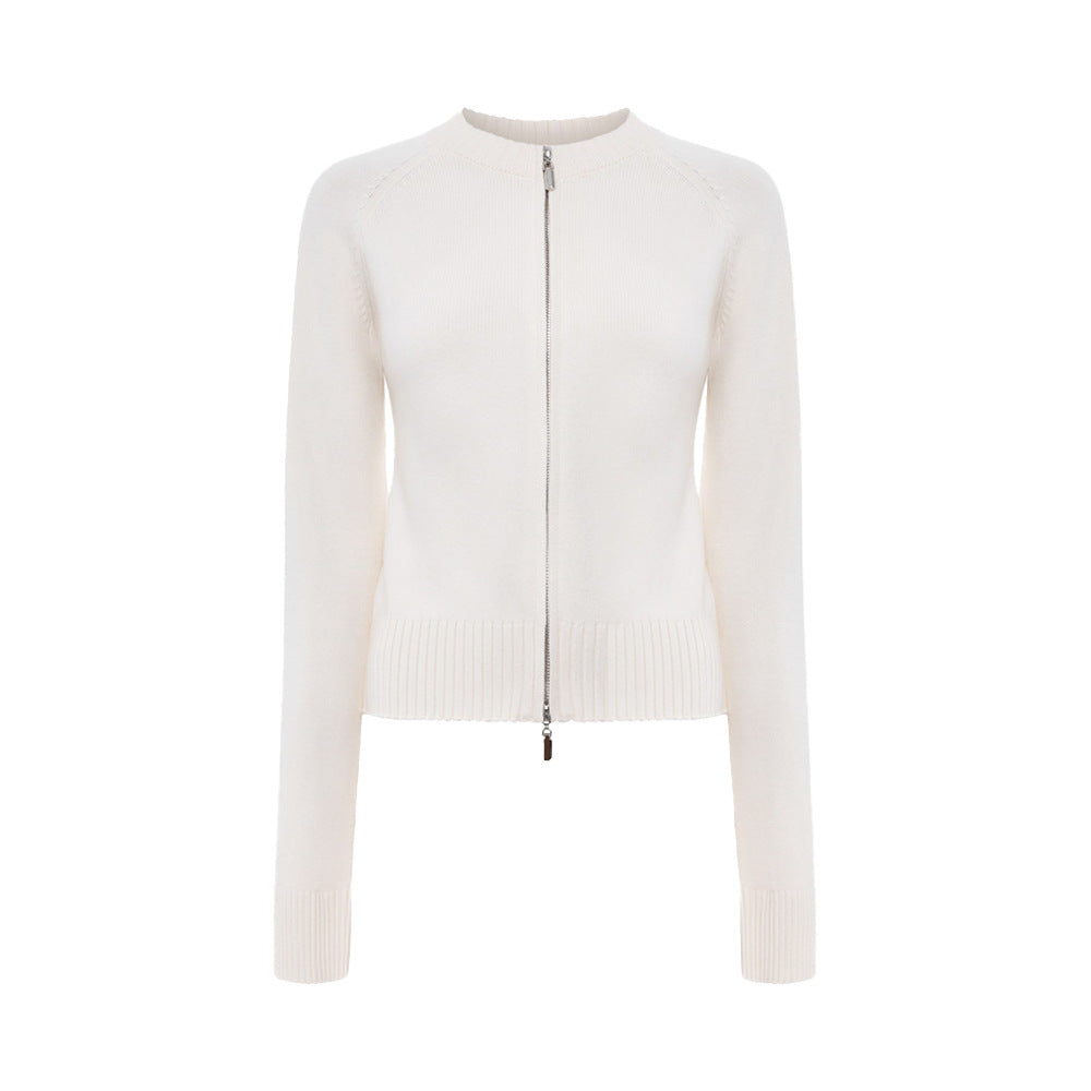 Stand-up collar slim-fitting long-sleeved jacket European, American autumn and winter new double zipper cardigan warm knitted jacket women sweater