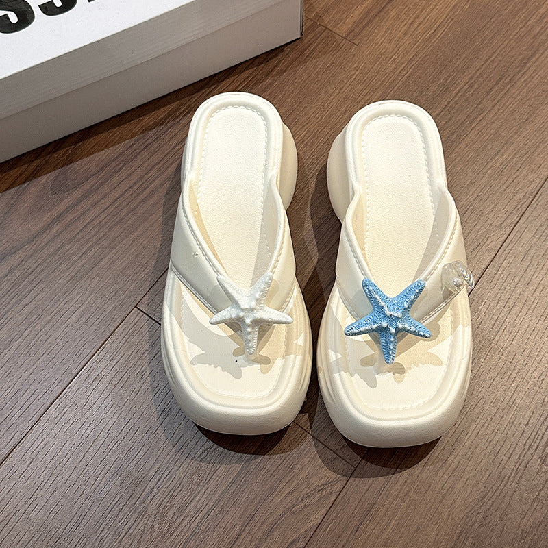 Star flip-flops women's outer wear summer new thick-bottomed sweet heightening muffin and seaside beach cool slippers