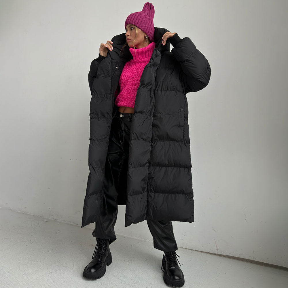 Long cotton clothes, European and American winter new temperament warm thickened hidden button long hooded cotton jackets
