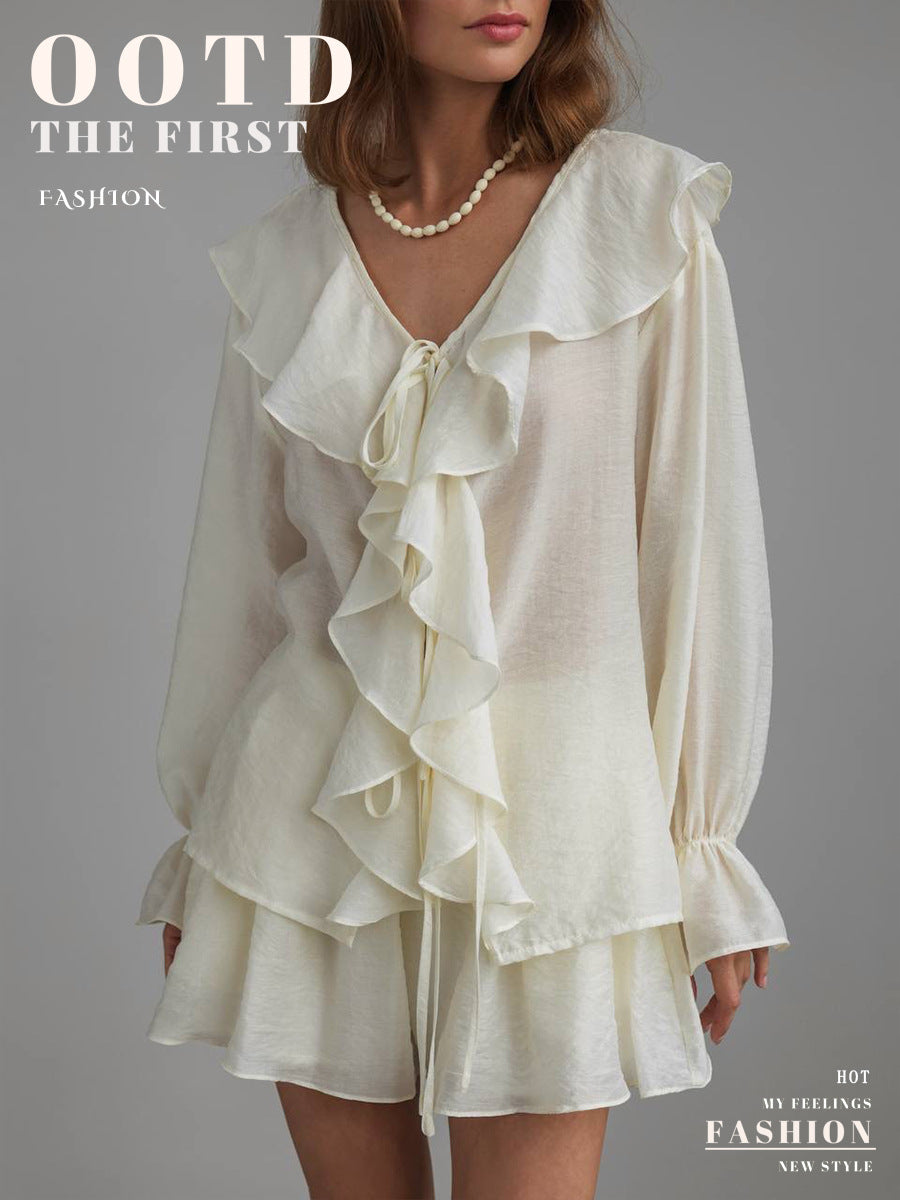 French V-neck ruffle edge shirt shorts set European and American summer lace-up shirt shorts set women suits