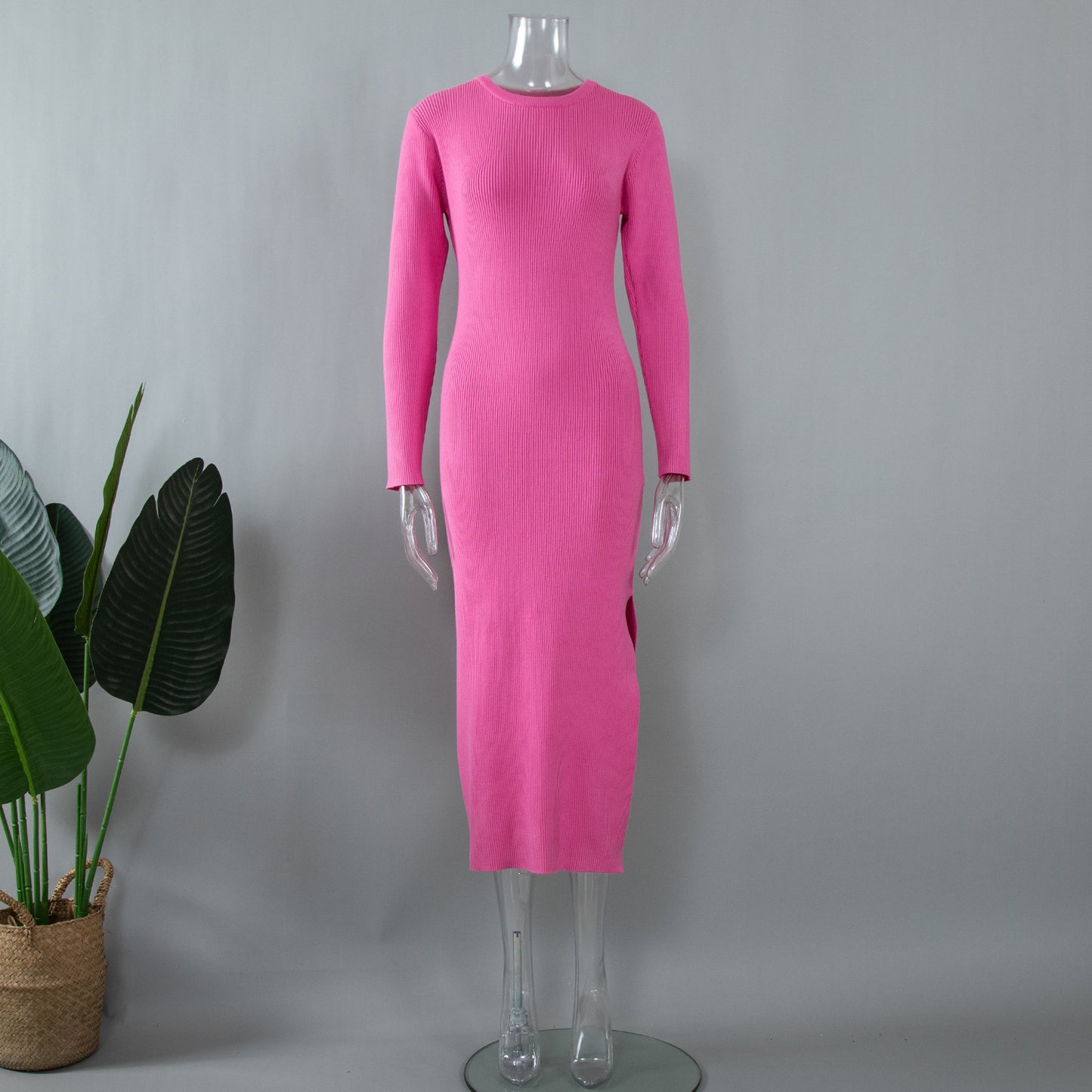 Crew neck split knitted dress European and American autumn and winter temperament versatile solid color high waist tight dress