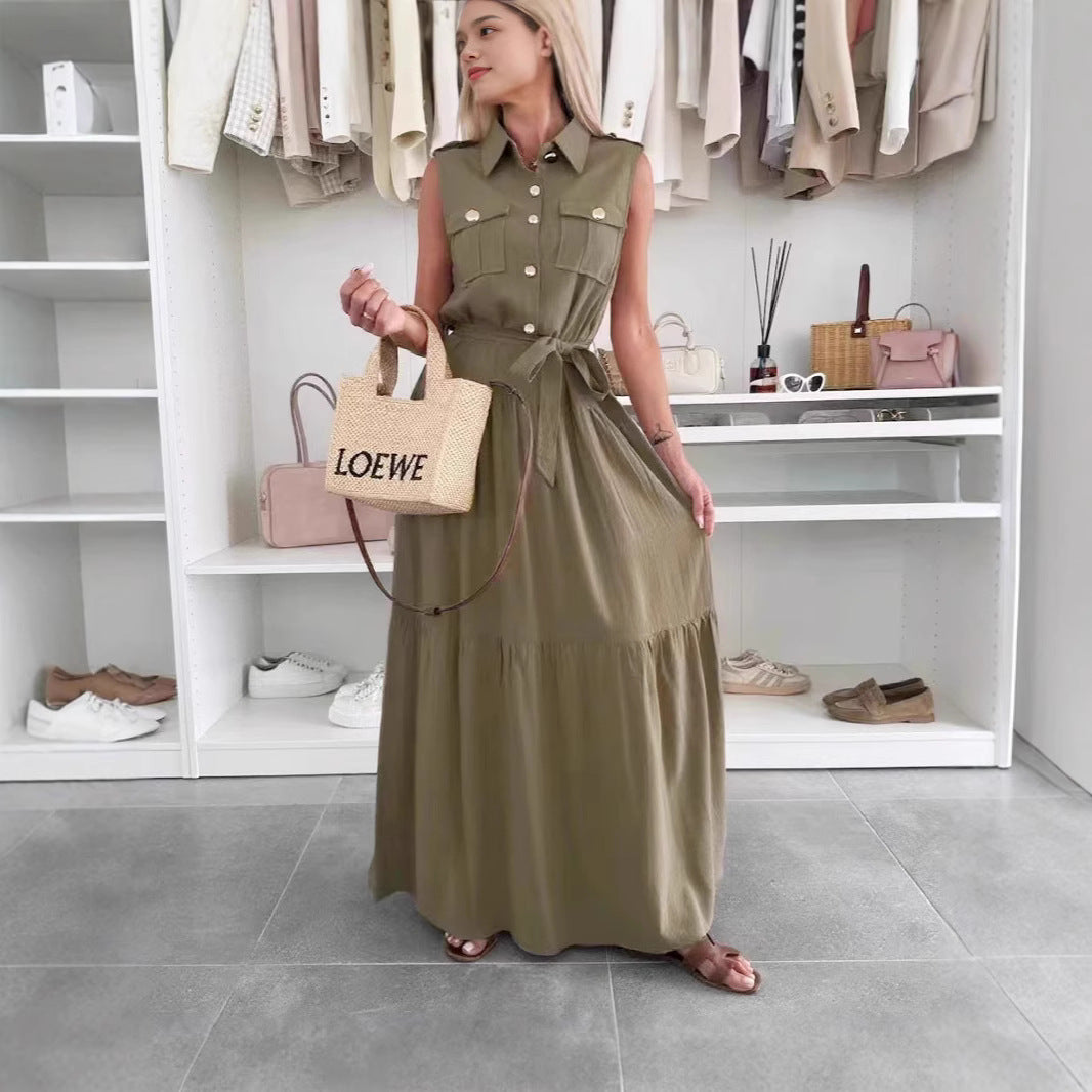 Summer European and American cross-border temperament commuter office dress solid color shirt collar single-breasted dress
