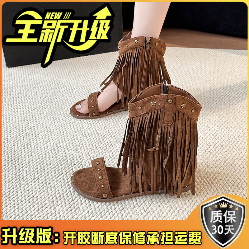 Fashion retro rivet fringed open-toed sandals women's summer new niche design versatile Roman cool boot shoes tide