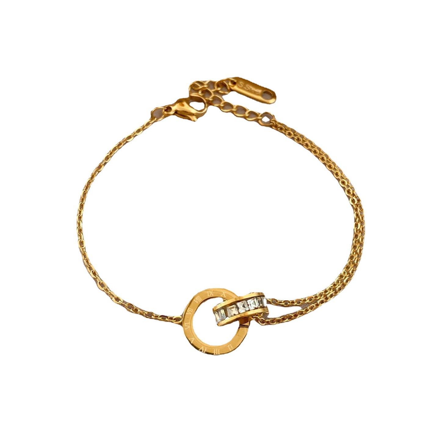 European and American cross-border Roman double-ring titanium steel necklace women's full diamond collarbone chain fashionable versatile high-end sense does not fade jewelry