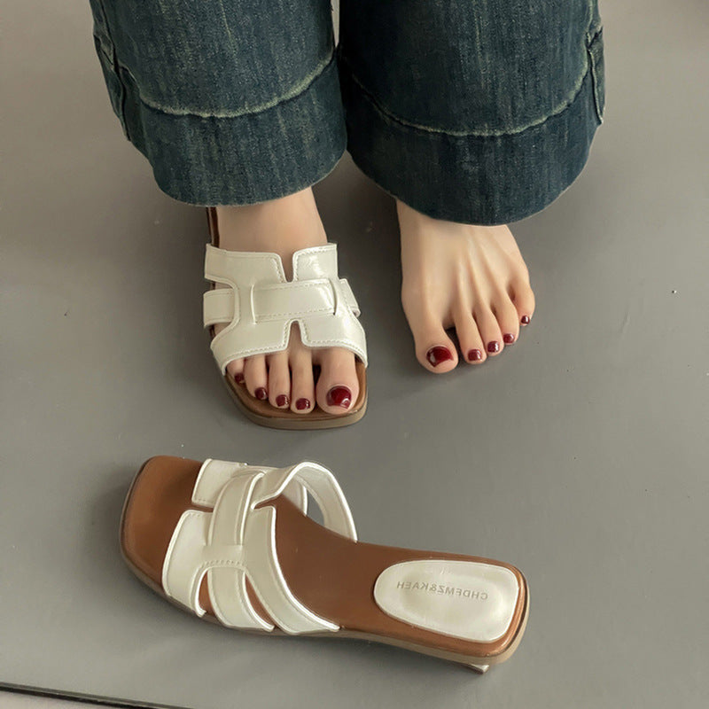 French retro temperament flat bottom one-word open-toe slippers women's spring and summer new versatile casual cool slippers