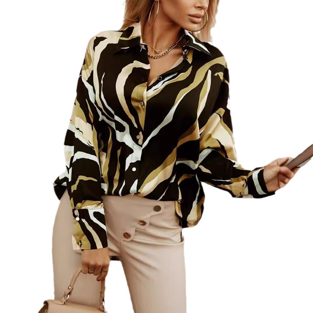 Cross-border foreign trade European and American printed shirt loose women's button-down long-sleeved casual shirts women's top