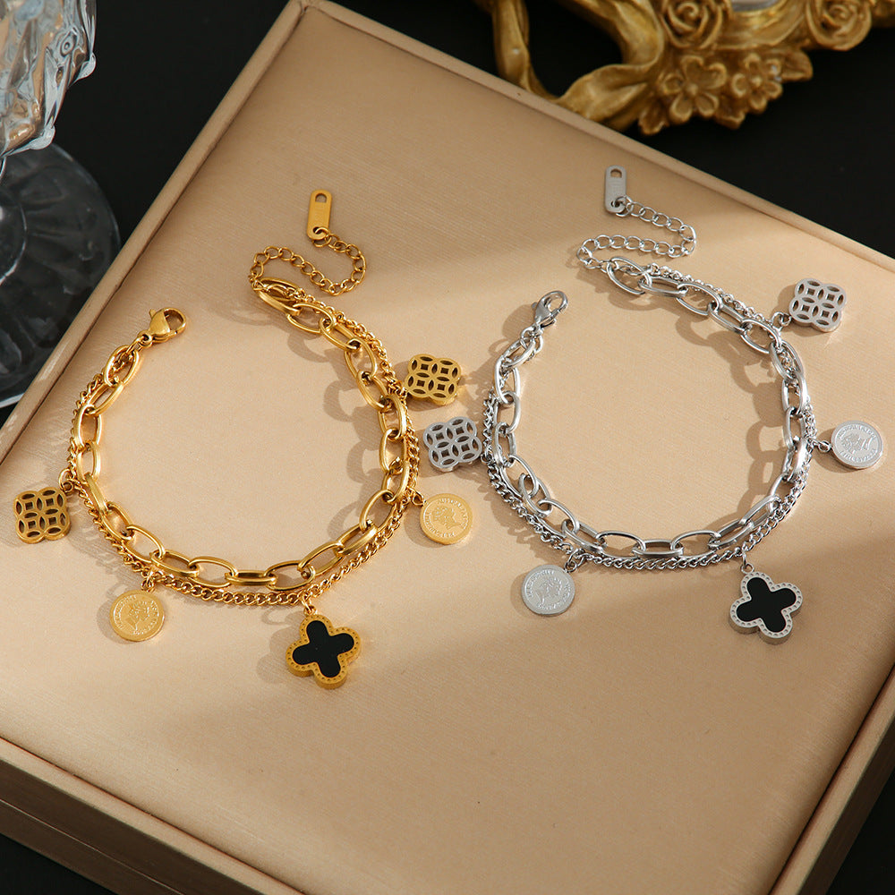 Cross-border hot sale Internet celebrity fashion titanium steel bracelet women's light luxury lucky four-leaf clover Emperor versatile hand jewelry does not fade