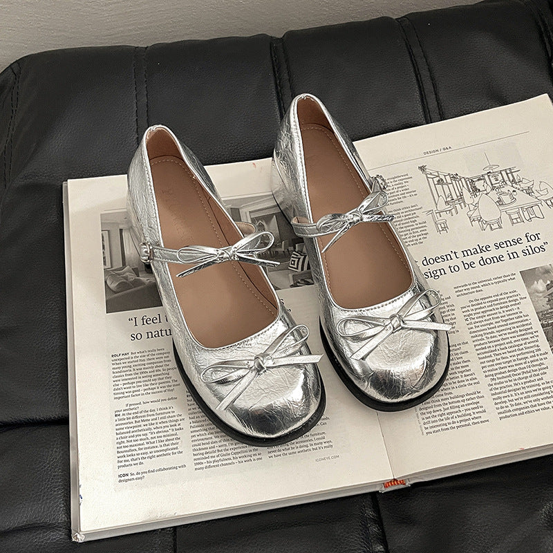 French silver thick high heel light mouth single shoes women's new spring and summer skirt JK Mary Jane shoe temperament beanie shoes