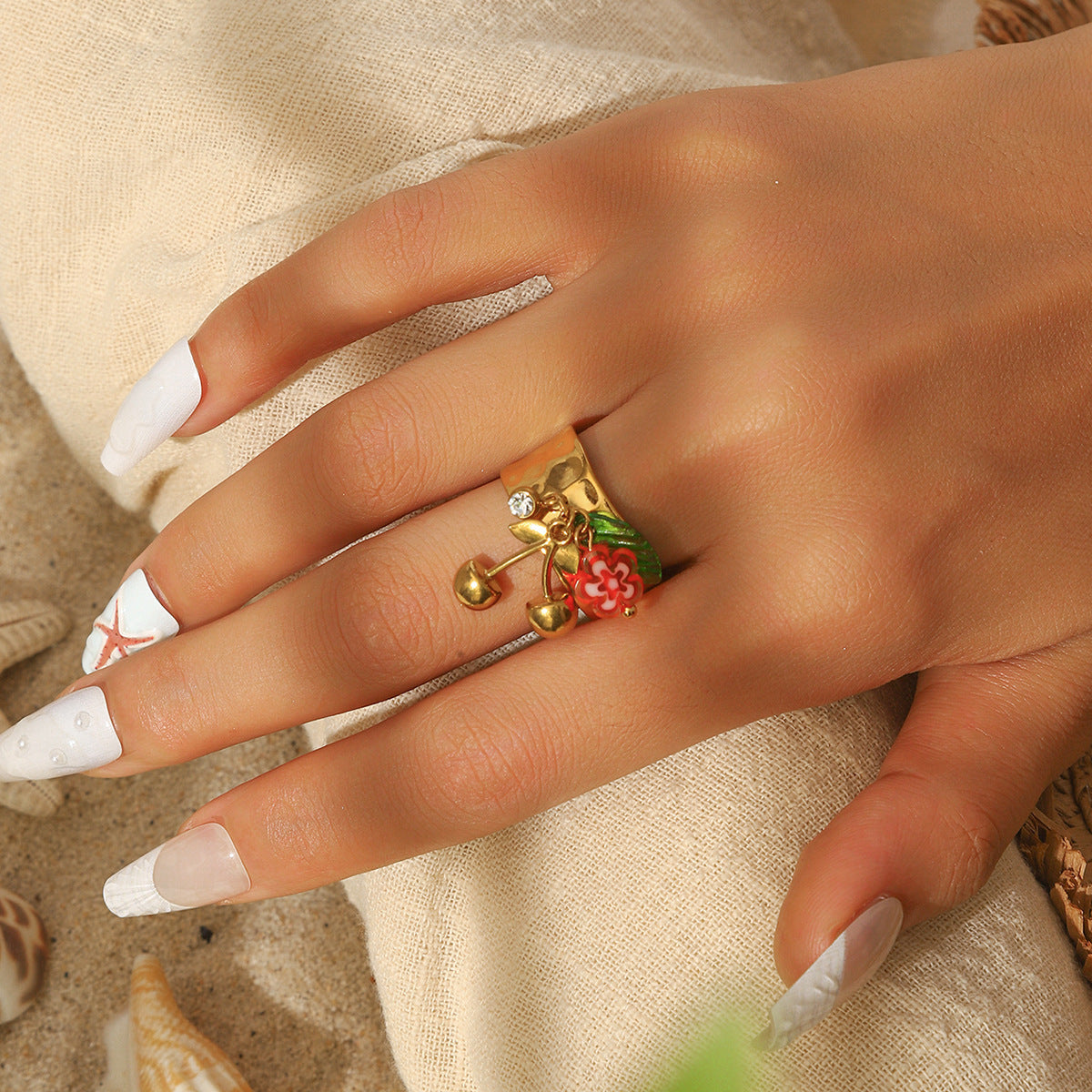 Malt European and American Stainless Steel Holiday Wind Opening Ring Conch Starfish Shell Pearl Blossom Cherry Rings Hand Jewelry